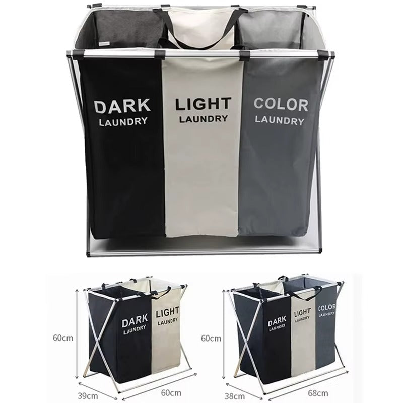 Cos Rufe Pliabil 3 Compartimente, Organizator Laundry Dark/Light/Color, Cadru Metalic Stabil, 95L