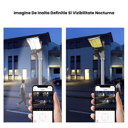 Lampa Stradala Solara cu Camera WiFi V380 PRO 4MP, Panou Solar Inclus, Senzor Miscare PIR, Supraveghere HD Full Color, Control din Telefon