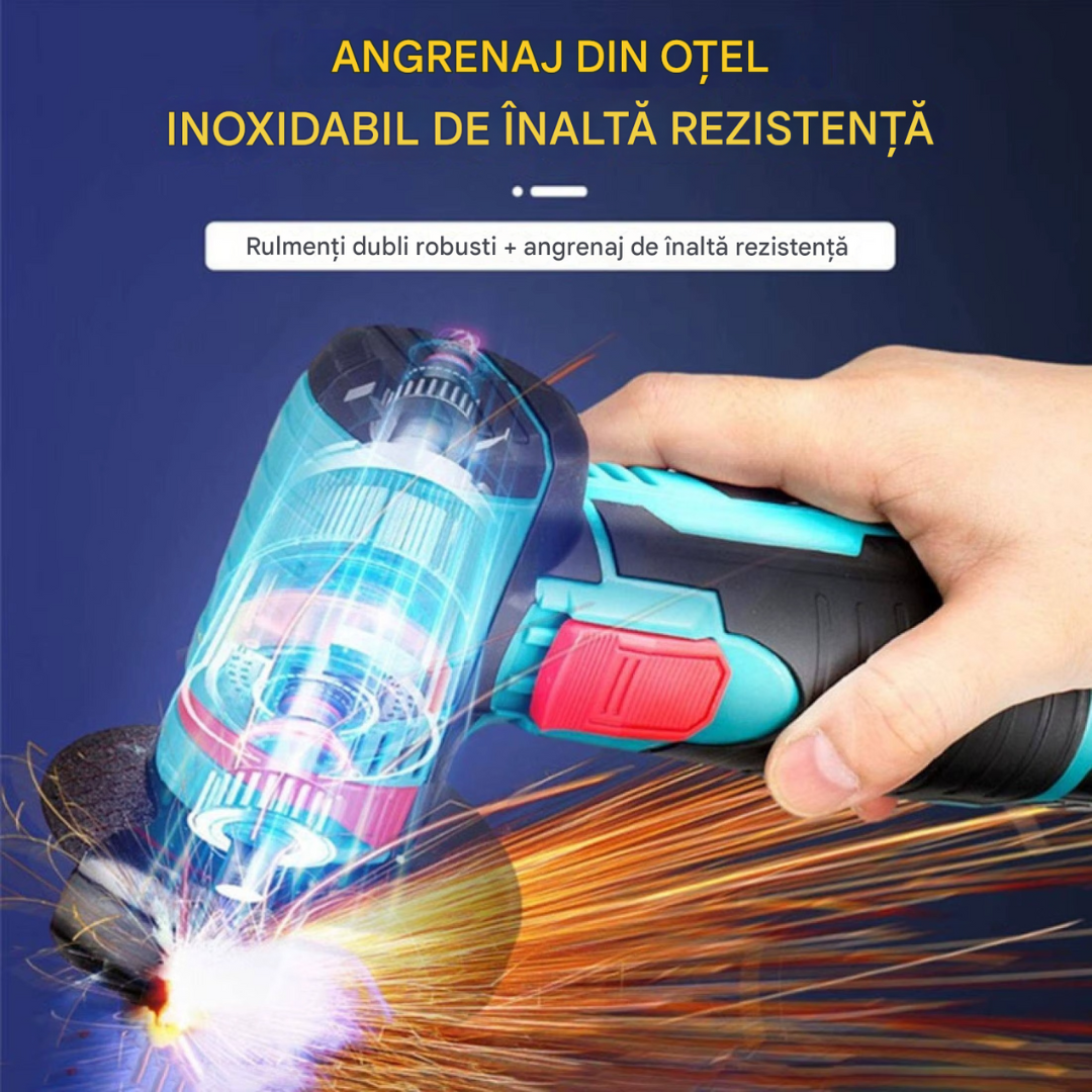 Mini Polizor GrinderPro 500W cu 2 Acumulatori 48V si 6 Discuri Incluse, Portabil si Puternic pentru Taiat Metal si Lemn