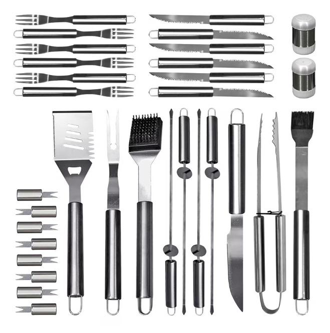 Set Profesional Ustensile Gratar 26 Piese din Inox – Cutie Aluminiu pentru BBQ, Camping si Gradina