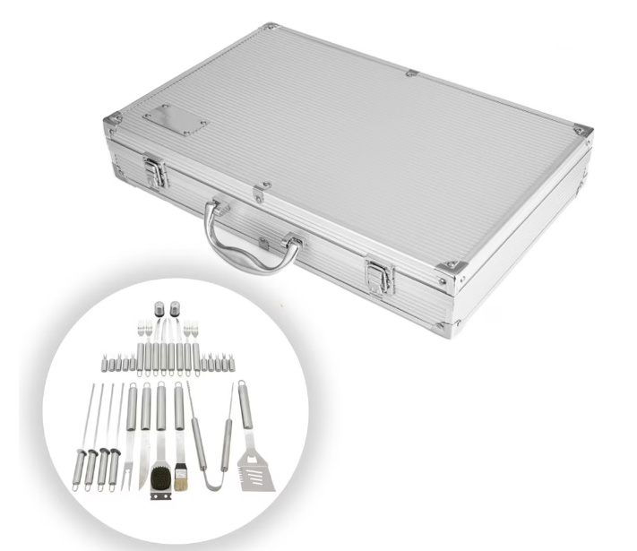 Set Profesional Ustensile Gratar 26 Piese din Inox – Cutie Aluminiu pentru BBQ, Camping si Gradina