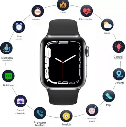 Smartwatch Bluetooth I7 Pro Max cu Monitorizare Ritm Cardiac, Pasi, Somn, Notificari, Control Muzica si Apeluri, Ecran Touch HD, Compatibil Android si iOS