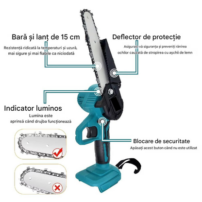 Mini Drujba Electrica cu 2 Acumulatori 24V – Fierastrau Electric Portabil pentru Taiat Lemn si Crengi