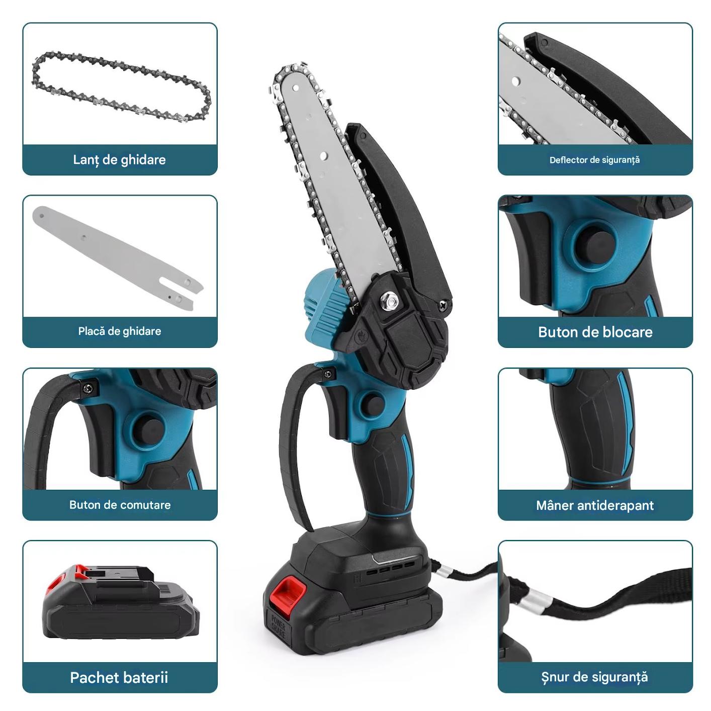 Mini Drujba Electrica cu 2 Acumulatori 24V – Fierastrau Electric Portabil pentru Taiat Lemn si Crengi