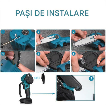 Mini Drujba Electrica cu 2 Acumulatori 24V – Fierastrau Electric Portabil pentru Taiat Lemn si Crengi