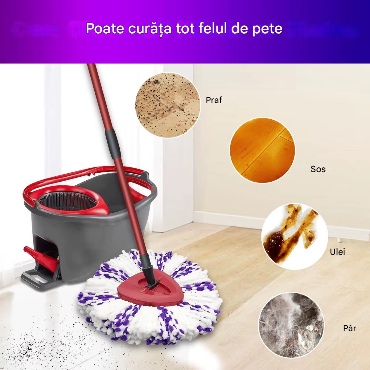 Set Mop Rotativ Profesional Cu Galeata si 4 x Rezerve Microfibra -  Sistem Stoarcere 360, Curatenie Rapida Pentru Casa