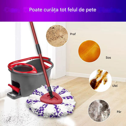 Set Mop Rotativ Profesional Cu Galeata si 4 x Rezerve Microfibra -  Sistem Stoarcere 360, Curatenie Rapida Pentru Casa