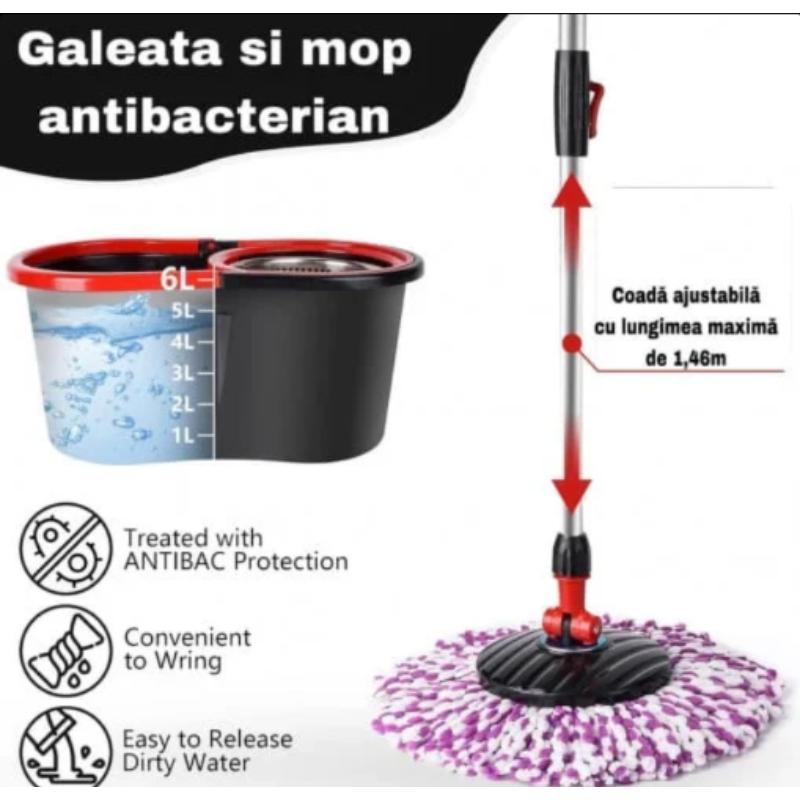 Set Mop Rotativ Profesional Cu Galeata si 4 x Rezerve Microfibra -  Sistem Stoarcere 360, Curatenie Rapida Pentru Casa