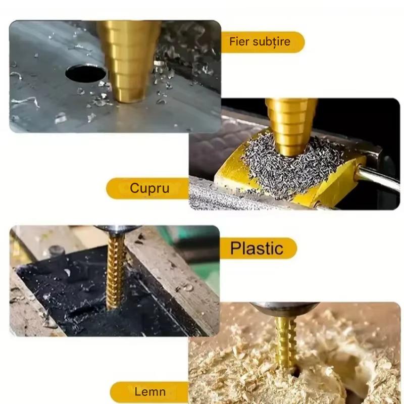 Set 6 Burghie Profesionale din Otel pentru Rulmenti cu Strat de Titan, 3 Burghie in Trepte si 3 Burghie Rasucite, Gaurire Precisa pentru Metal, Lemn si Plastic