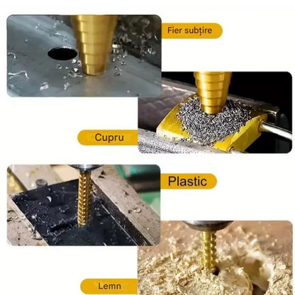 Set 6 Burghie Profesionale din Otel pentru Rulmenti cu Strat de Titan, 3 Burghie in Trepte si 3 Burghie Rasucite, Gaurire Precisa pentru Metal, Lemn si Plastic