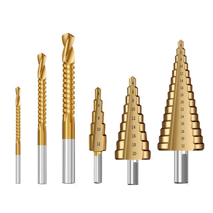 Set 6 Burghie Profesionale din Otel pentru Rulmenti cu Strat de Titan, 3 Burghie in Trepte si 3 Burghie Rasucite, Gaurire Precisa pentru Metal, Lemn si Plastic