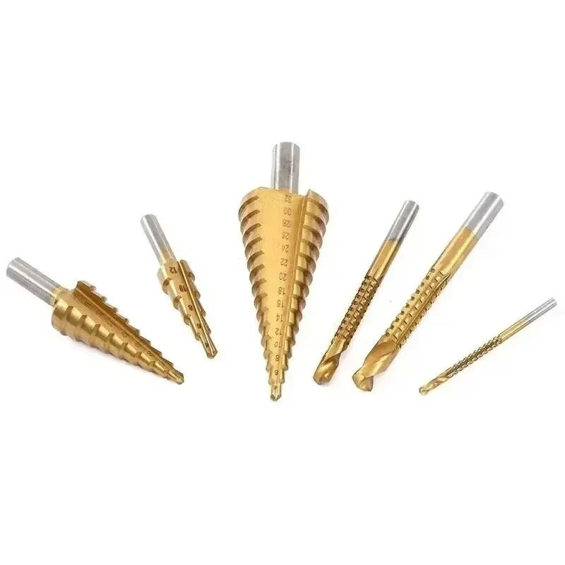 Set 6 Burghie Profesionale din Otel pentru Rulmenti cu Strat de Titan, 3 Burghie in Trepte si 3 Burghie Rasucite, Gaurire Precisa pentru Metal, Lemn si Plastic