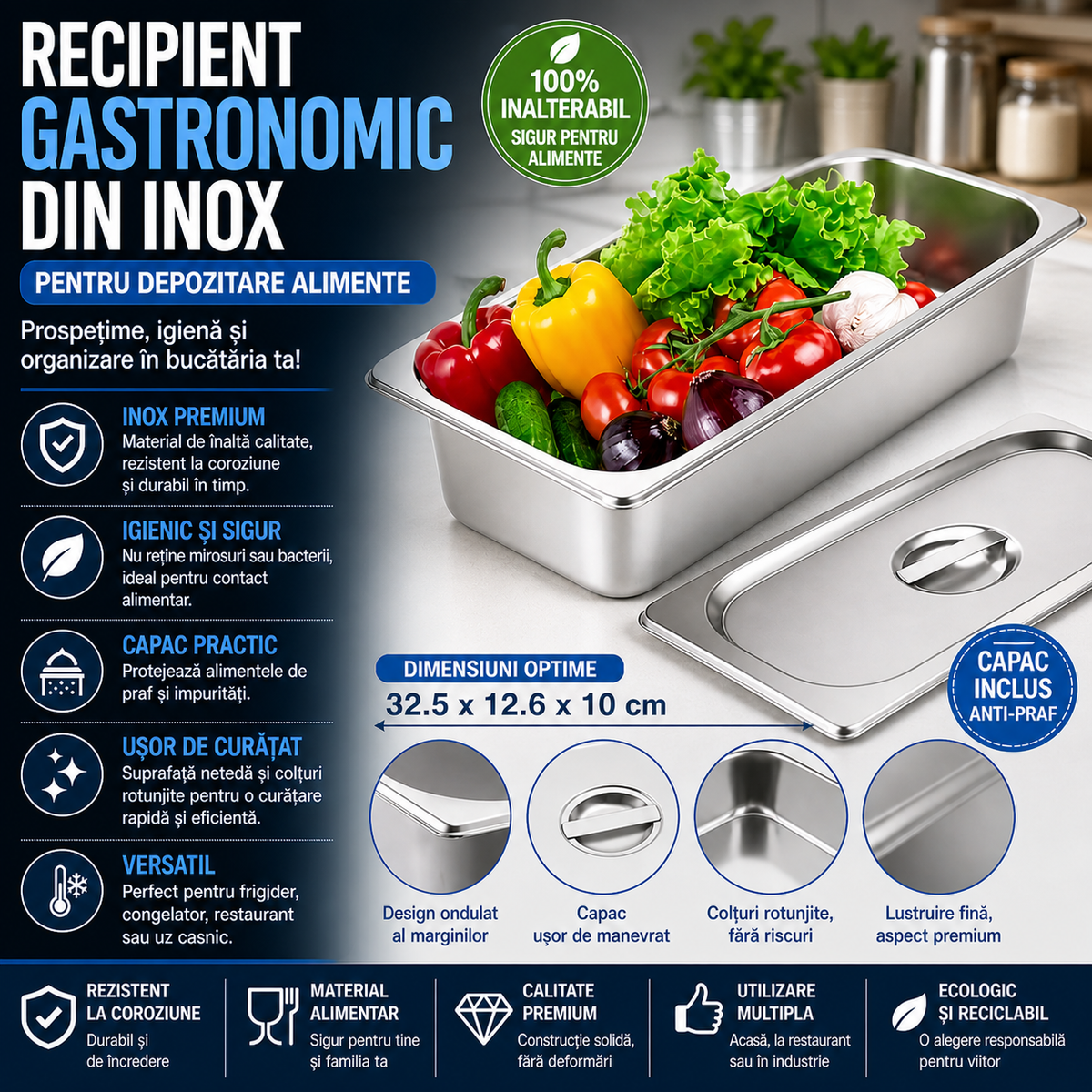 Recipient din Inox pentru Mentinerea Alimentelor Calde din Inox cu Capac, 32.5 x 12.6 x 10 cm