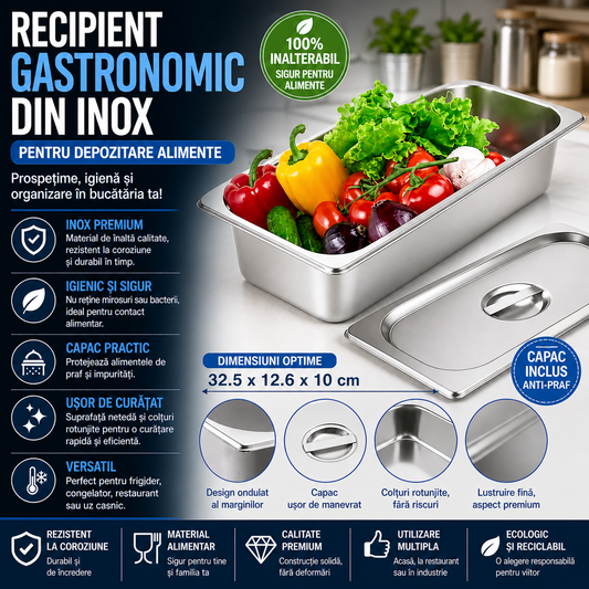Recipient din Inox pentru Mentinerea Alimentelor Calde din Inox cu Capac, 32.5 x 12.6 x 10 cm
