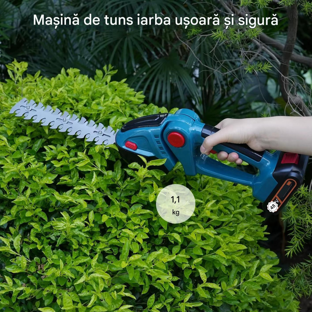 Masina de Tuns Gard Viu Fara Fir 2 in 1, 2 Acumulatori 48V Inclusi, Unghi Reglabil 45°, Foarfeca Electrica pentru Iarba si Arbusti, Set Profesional
