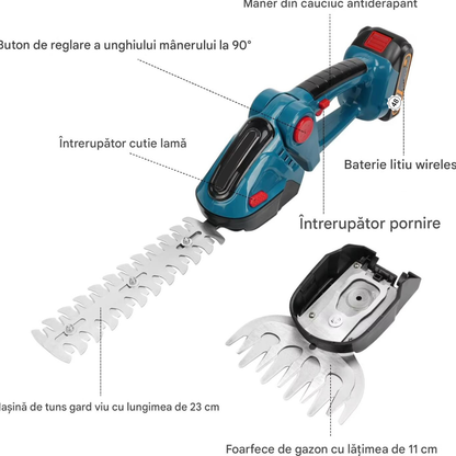 Masina de Tuns Gard Viu Fara Fir 2 in 1, 2 Acumulatori 48V Inclusi, Unghi Reglabil 45°, Foarfeca Electrica pentru Iarba si Arbusti, Set Profesional