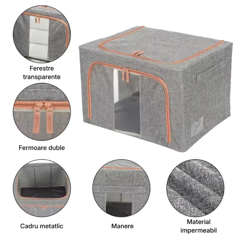 Set 3 x Organizator Pliabil cu Fermoar si Fereastra pentru Depozitare 24L + 66L + 100L, Gri