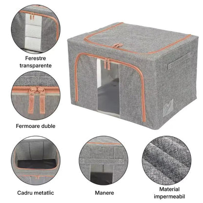 Set 3 x Organizator Pliabil cu Fermoar si Fereastra pentru Depozitare 24L + 66L + 100L, Gri
