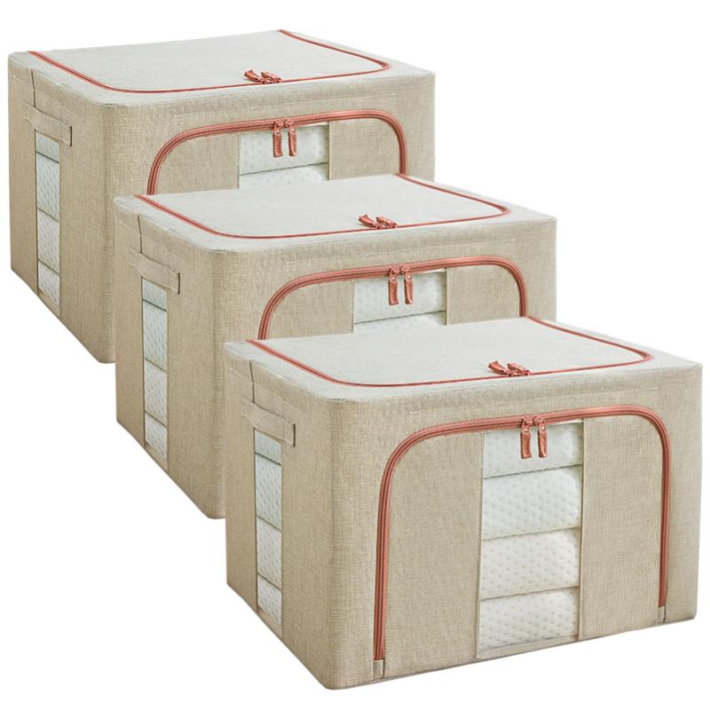 Set 3 x Organizator Pliabil cu Fermoar si Fereastra pentru Depozitare 24L + 66L + 100L, Crem