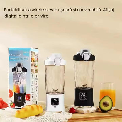 Storcator de Fructe Portabil 600 ml, Baterie 1500 mAh, Incarcare USB si Afisaj Digital , Zdrobire Rapida
