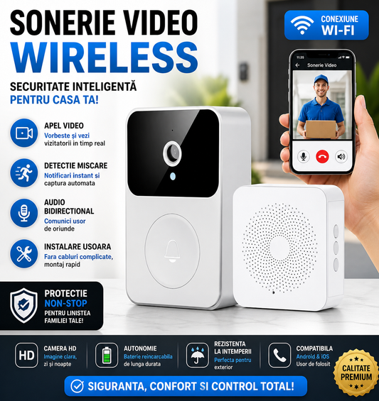 Sonerie Inteligenta cu Camera WiFi HD, Senzor Miscare, Audio Bidirectional, Night Vision, Notificari pe Telefon