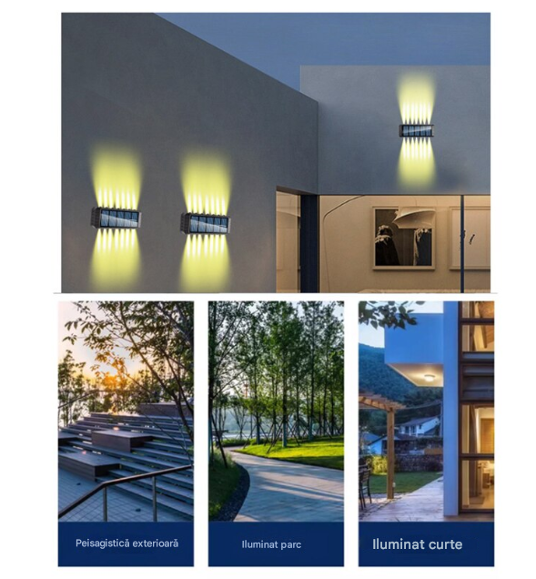 Set 2 x Lampa Solara Perete LED XF-7727, Iluminare Dubla, Alimentare Solara, Rezistenta la Apa, Iluminat Exterior Curte Terasa Gradina