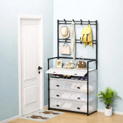 Organizator Hol cu Cuier si Dulap Pantofi, 4 Sertare, Raft Depozitare, Structura Metalica, 169x57x35 cm