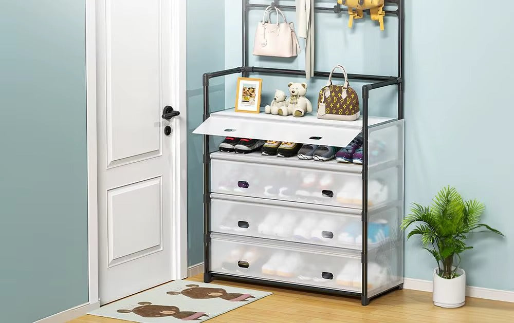 Organizator Hol cu Cuier si Dulap Pantofi, 4 Sertare, Raft Depozitare, Structura Metalica, 169x57x35 cm