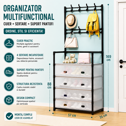 Organizator Hol cu Cuier si Dulap Pantofi, 4 Sertare, Raft Depozitare, Structura Metalica, 169x57x35 cm