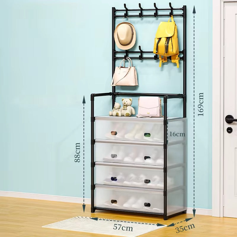 Organizator Hol cu Cuier si Dulap Pantofi, 4 Sertare, Raft Depozitare, Structura Metalica, 169x57x35 cm