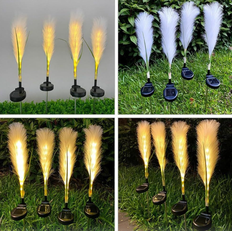 Set 4 x Lampi Solare Decorative Tip Iarba Pampas 70 Cm Cu LED Lumina Calda Rezistente IP66 Pentru Gradina Terasa Si Alei