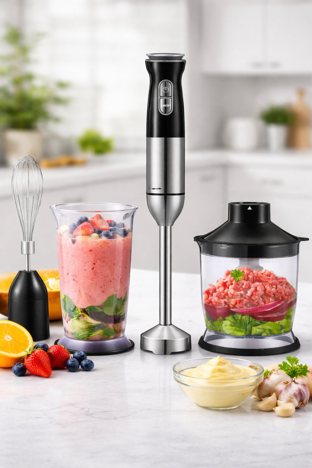 Blender De Mana 4 in 1 500W Multifunctional Cu Tocator Si Pahar – Putere Mare Pentru Preparare Rapida Si Eficienta