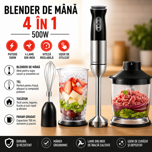 Blender De Mana 4 in 1 500W Multifunctional Cu Tocator Si Pahar – Putere Mare Pentru Preparare Rapida Si Eficienta