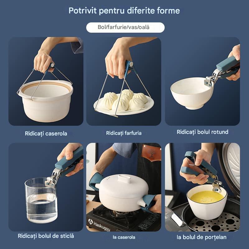 Set Cleme pentru Vase Fierbinti cu Manusi Termorezistente – Prindere Sigura, Material Inox si Silicon, protectie Anti-Arsura, Utilizare Usoara in Bucatarie