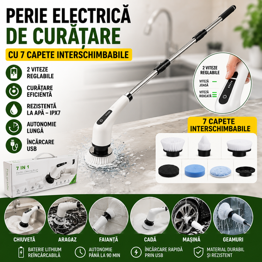Perie Electrica de Curatare cu 7 Capete Interschimbabile, 2 Viteze Reglabile si Maner Extensibil – Fara Fir, Rezistenta la Apa, Curatare Rapida si Eficienta