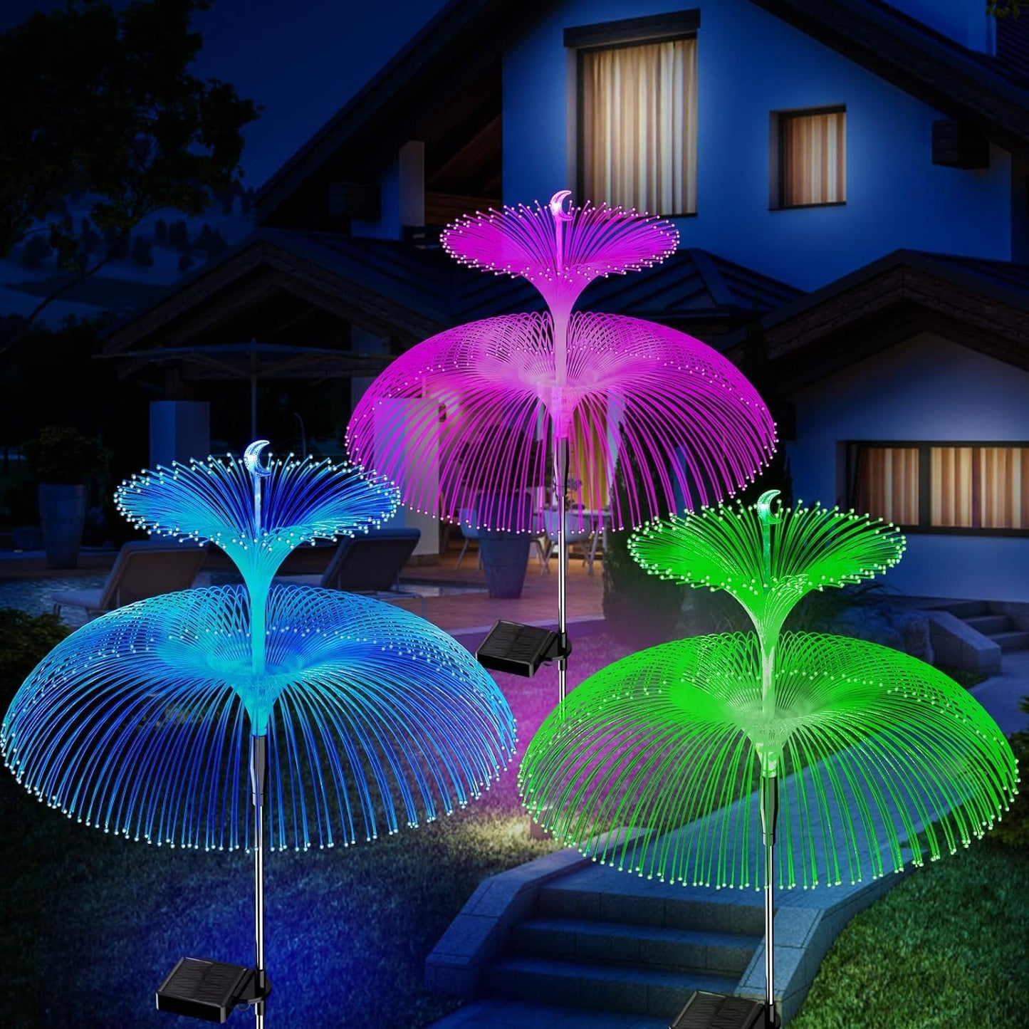 Set 4 x Lampa Solara Decorativa Meduza Dubla cu Lumina Multicolora, IP65 Rezistente la Apa, Panou Solar si 8 Moduri Iluminare