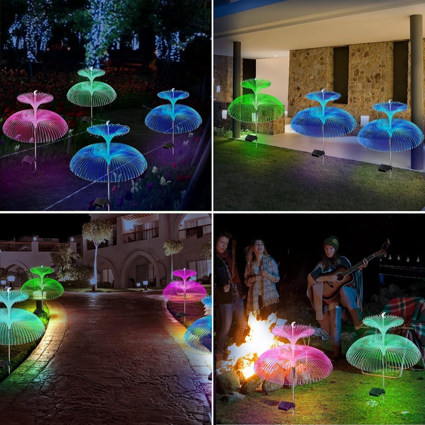 Set 4 x Lampa Solara Decorativa Meduza Dubla cu Lumina Multicolora, IP65 Rezistente la Apa, Panou Solar si 8 Moduri Iluminare