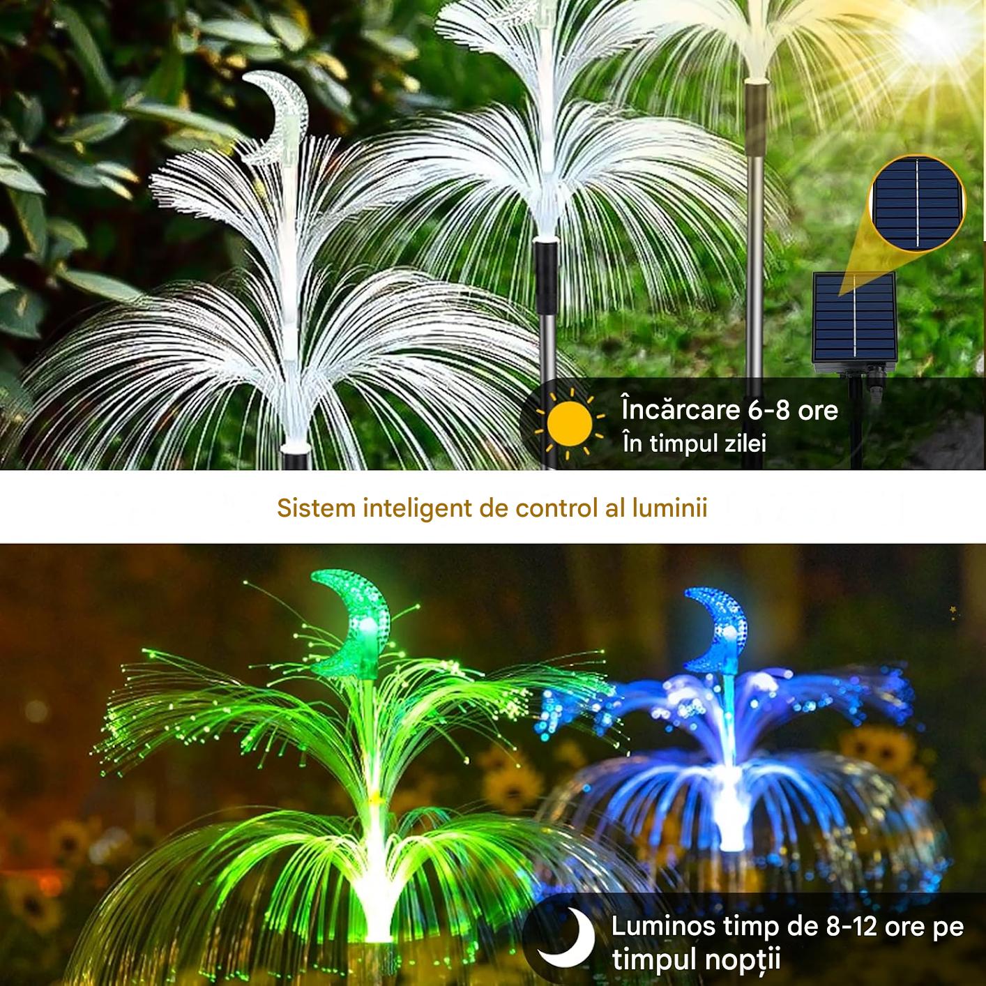 Set 4 x Lampa Solara Decorativa Meduza Dubla cu Lumina Multicolora, IP65 Rezistente la Apa, Panou Solar si 8 Moduri Iluminare