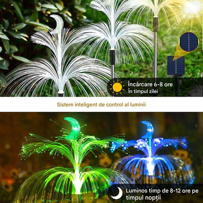 Set 4 x Lampa Solara Decorativa Meduza Dubla cu Lumina Multicolora, IP65 Rezistente la Apa, Panou Solar si 8 Moduri Iluminare