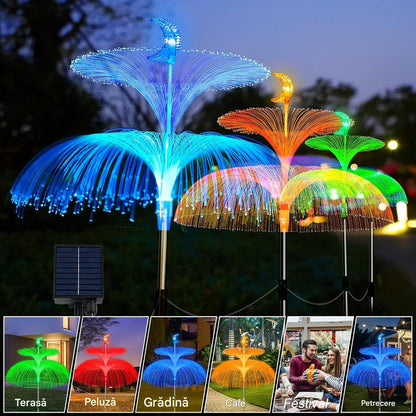 Set 4 x Lampa Solara Decorativa Meduza Dubla cu Lumina Multicolora, IP65 Rezistente la Apa, Panou Solar si 8 Moduri Iluminare