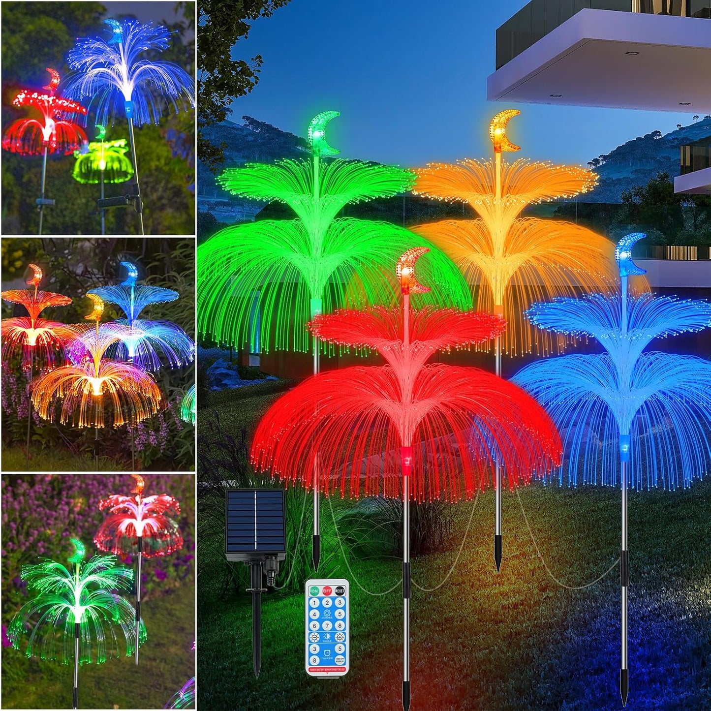Set 4 x Lampa Solara Decorativa Meduza Dubla cu Lumina Multicolora, IP65 Rezistente la Apa, Panou Solar si 8 Moduri Iluminare