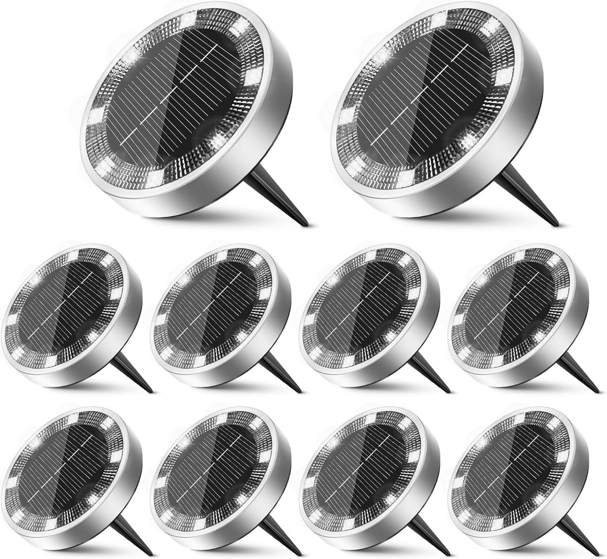 Set 10 x Lampi Solare Tip Spoturi cu 8 LED Lumina Alba Rece, Rezistente la Apa, Senzor Automat Zi Noapte, Iluminat Exterior pentru Gradina si Alei