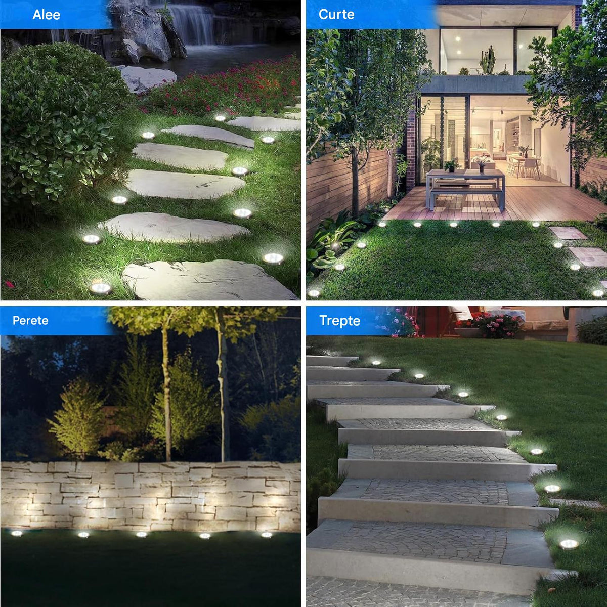 Set 10 x Lampi Solare Tip Spoturi cu 8 LED Lumina Alba Rece, Rezistente la Apa, Senzor Automat Zi Noapte, Iluminat Exterior pentru Gradina si Alei