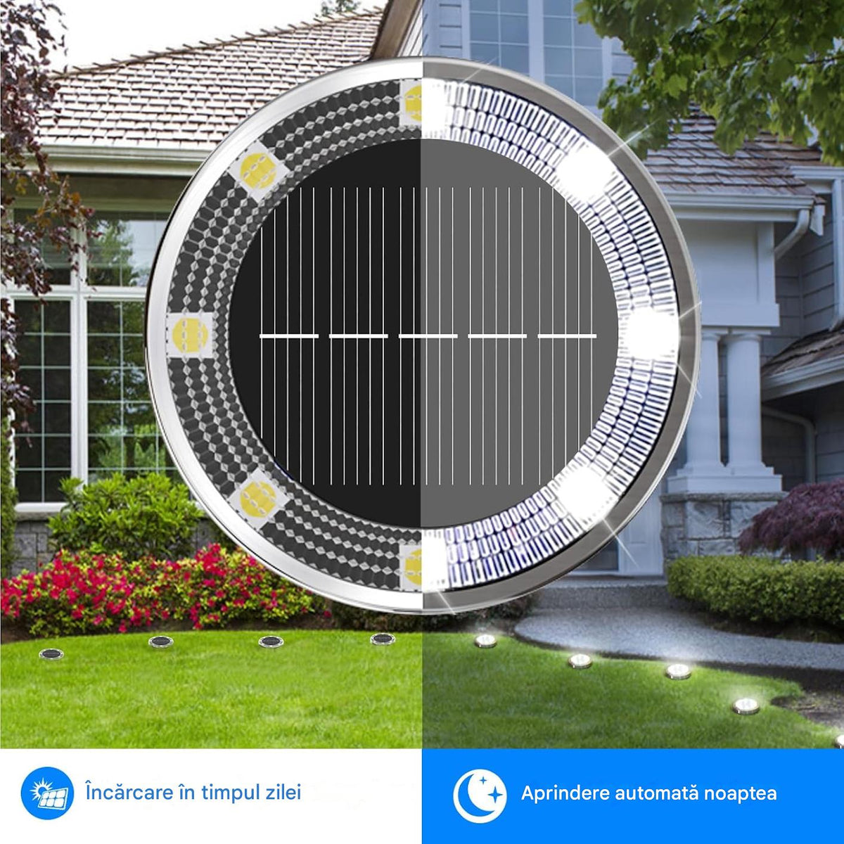 Set 10 x Lampi Solare Tip Spoturi cu 8 LED Lumina Alba Rece, Rezistente la Apa, Senzor Automat Zi Noapte, Iluminat Exterior pentru Gradina si Alei