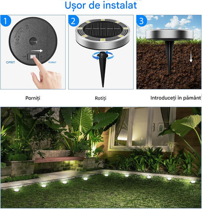 Set 10 x Lampi Solare Tip Spoturi cu 8 LED Lumina Alba Rece, Rezistente la Apa, Senzor Automat Zi Noapte, Iluminat Exterior pentru Gradina si Alei
