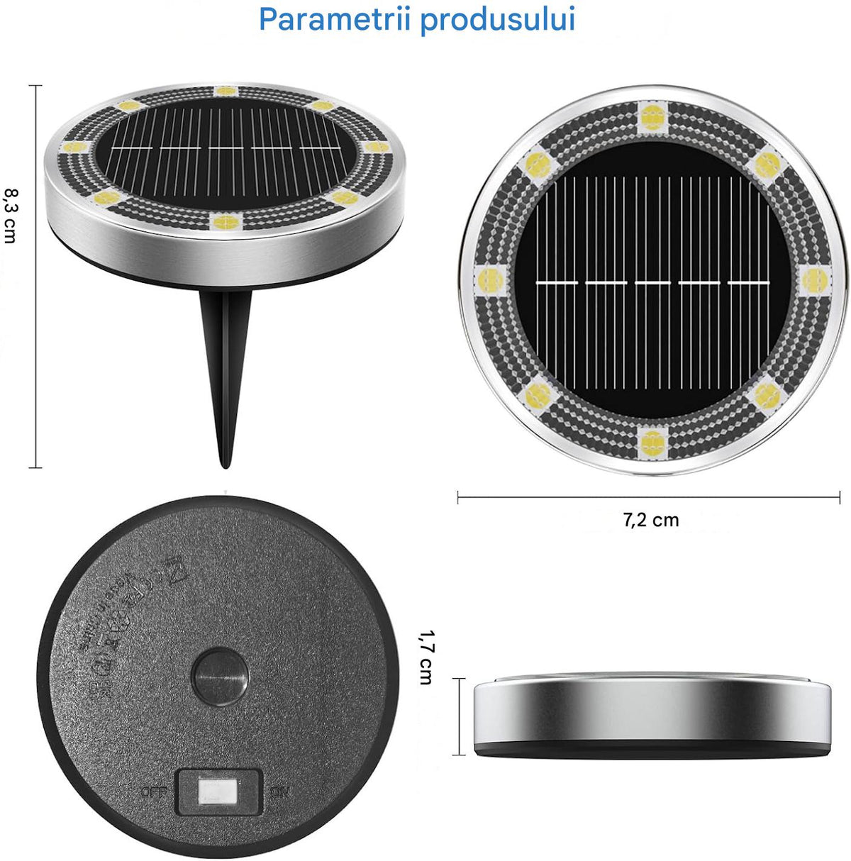 Set 10 x Lampi Solare Tip Spoturi cu 8 LED Lumina Alba Rece, Rezistente la Apa, Senzor Automat Zi Noapte, Iluminat Exterior pentru Gradina si Alei