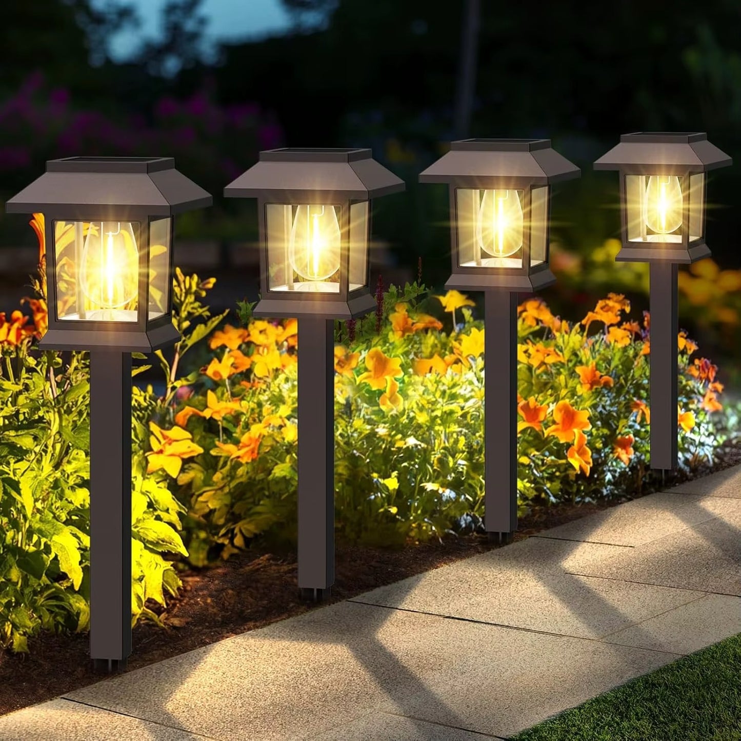 Set 4 x Lampi Solare Alee Tip Stalp Cu Lumina Alba Calda, Rezistente La Apa IP44, Iluminare Automata Pentru Gradina