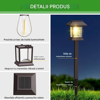 Set 4 x Lampi Solare Alee Tip Stalp Cu Lumina Alba Calda, Rezistente La Apa IP44, Iluminare Automata Pentru Gradina
