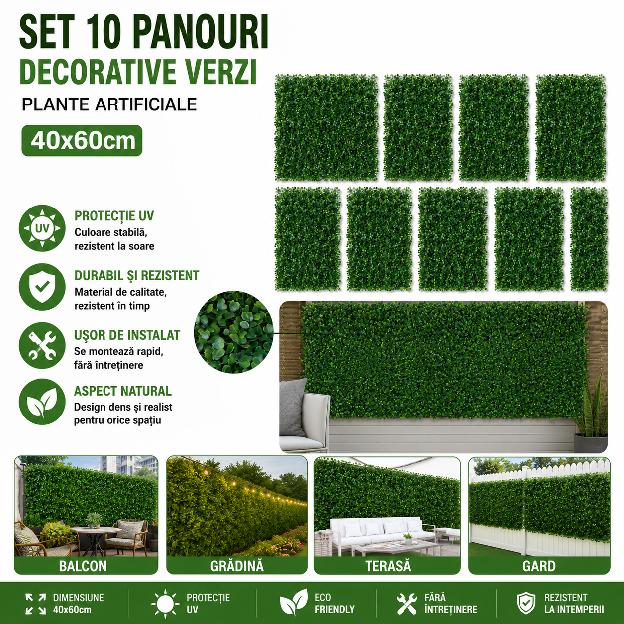 Set 10 x Panouri Decorative Verzi din Plante Artificiale 40x60 cm Cu Protectie UV, Rezistente La Intemperii
