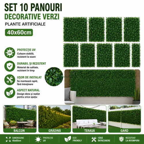 Set 10 x Panouri Decorative Verzi din Plante Artificiale 40x60 cm Cu Protectie UV, Rezistente La Intemperii